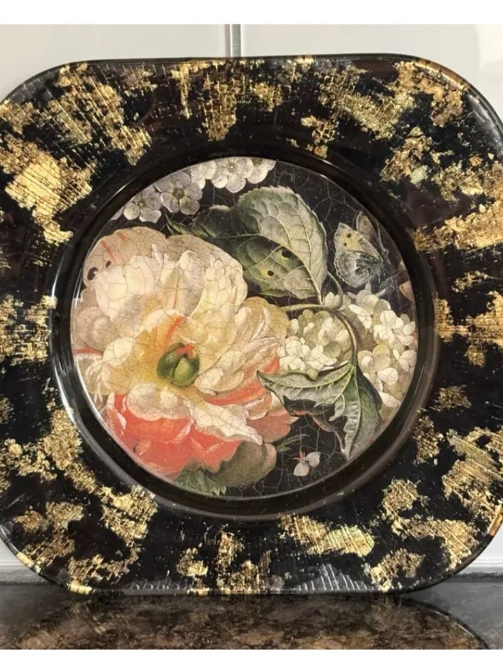 Lesley Roy Signed Hand Painted Glass Plate Gold Leaf Floral Art